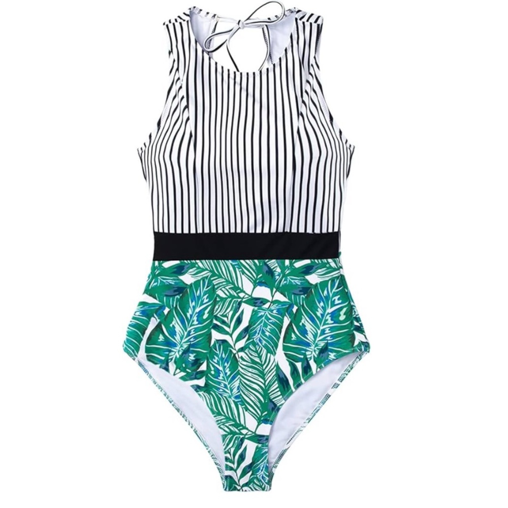 NWT Cupshe Green Leaf Print stripe high neck Swimsuit size medium - Picture 4 of 12
